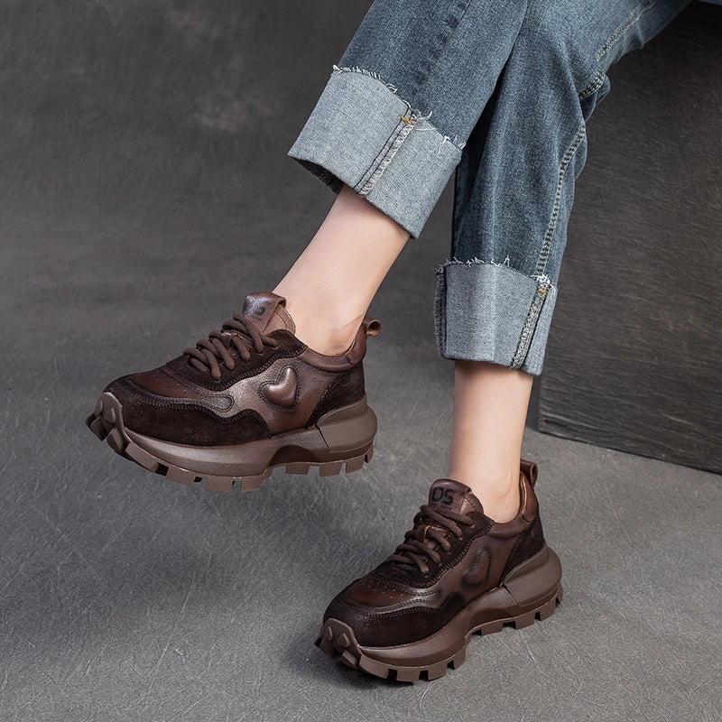 Women Retro Patchwork Leather Chunky Platform Shoes Casual Shoes Size 10