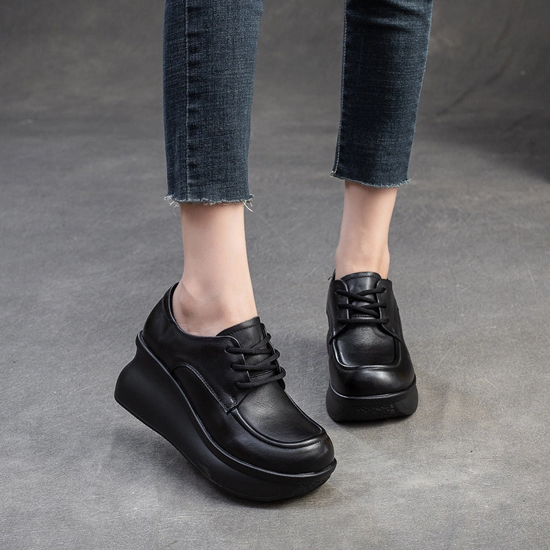Women Retro Solid Leather Chunky Platform Wedge Casual Shoes Goodyear Welt Casual Shoes