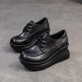 Freeport Casual Shoes Women Retro Solid Leather Chunky Platform Wedge Casual Shoes