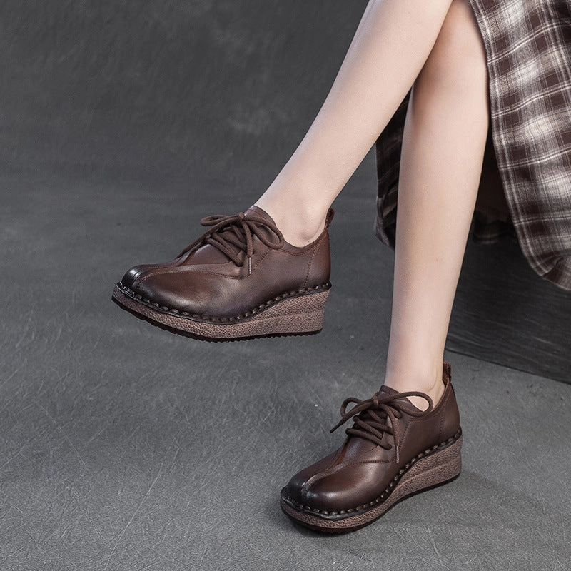Women Retro Solid Leather Wedge Casual Shoes Cute Casual Shoes