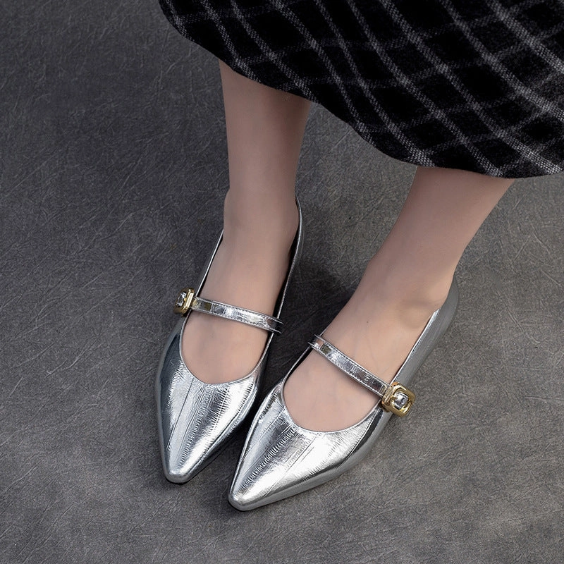 Women's Minimalism Plain Leather Low Top Pointed Toe Flat Supportive Walking Shoes