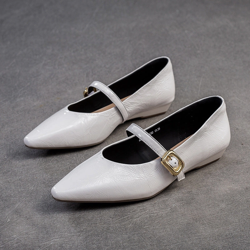 Women's Minimalism Plain Leather Low Top Pointed Toe Flat Sewing Ribbons On Flat Ballet Shoes