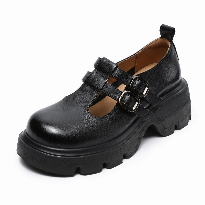 Women Solid Leather Buckle Thick Soled Mary Jane Shoes Casual Shoes To Wear With Pants
