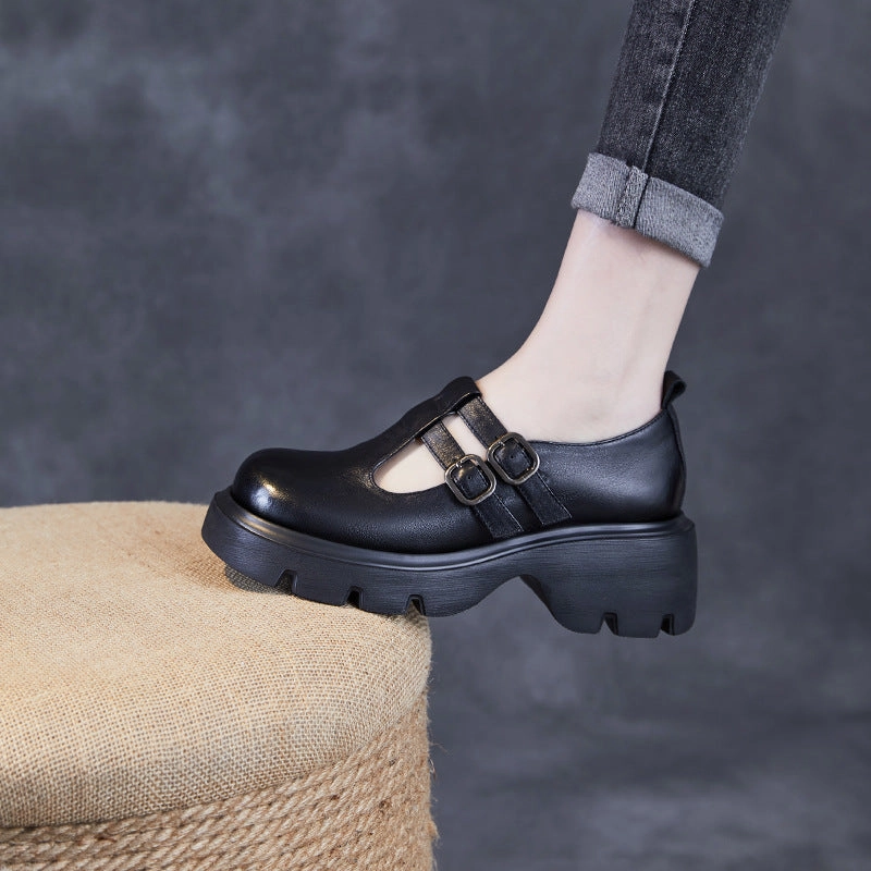 Tennis Shoes With Business Casual Women Solid Leather Buckle Thick Soled Mary Jane Shoes