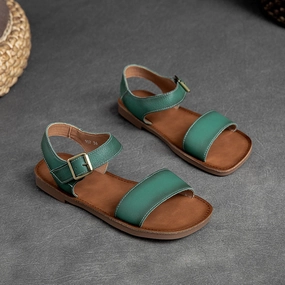 Gravel Bike Shoes Flat Pedals Women Summer Retro Casual Leather Buckle Flat Sandals