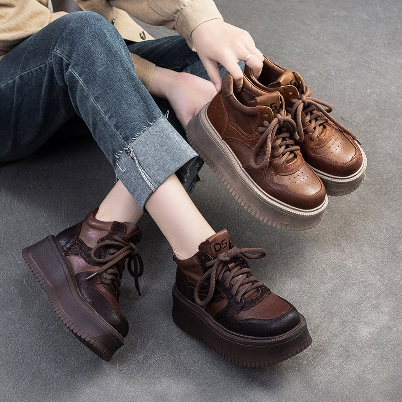 Cat Shoes Casual Women Vintage Leather Chunky Platform Casual Shoes