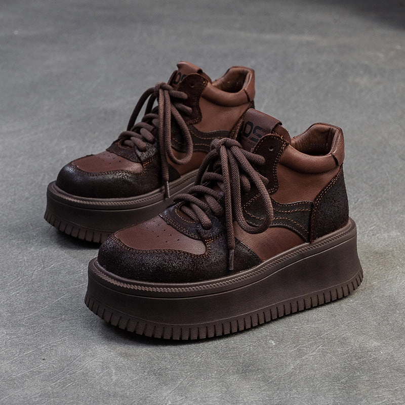 Cut Shoes Casual Women Vintage Leather Chunky Platform Casual Shoes