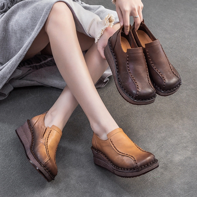 Women Vintage Plain Quilted Leather Wedge Casual Shoes Casual Black Office Shoes